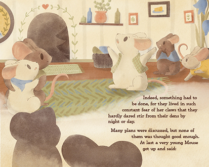 An illustration of the Aesop Fable, Belling the Cat.